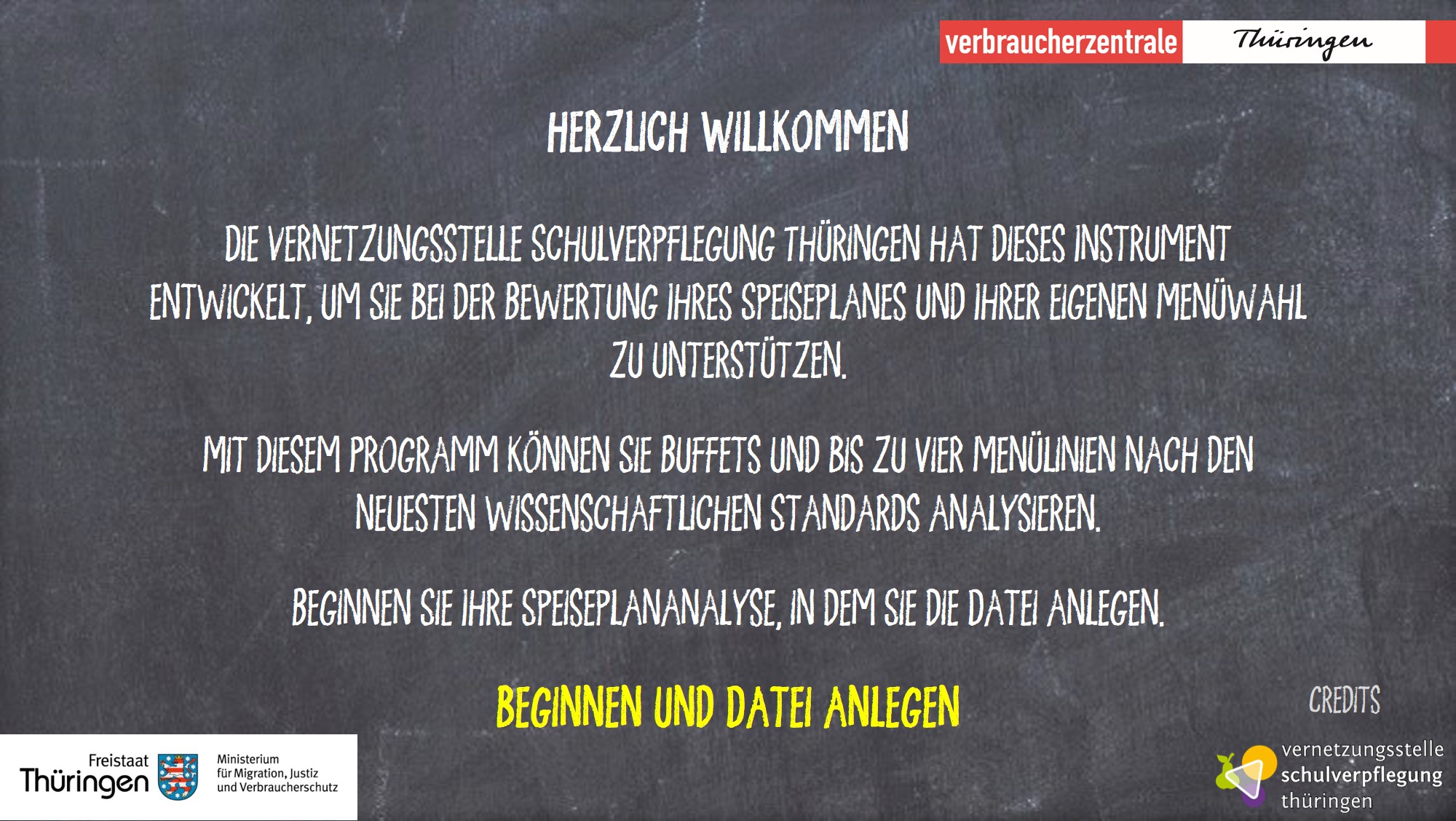 Hier zu sehen ist der Startbildschirm der Excel-Anwendung zum Speiseplancheck für Buffet bzw. zwei, drei oder vier Menülinien.