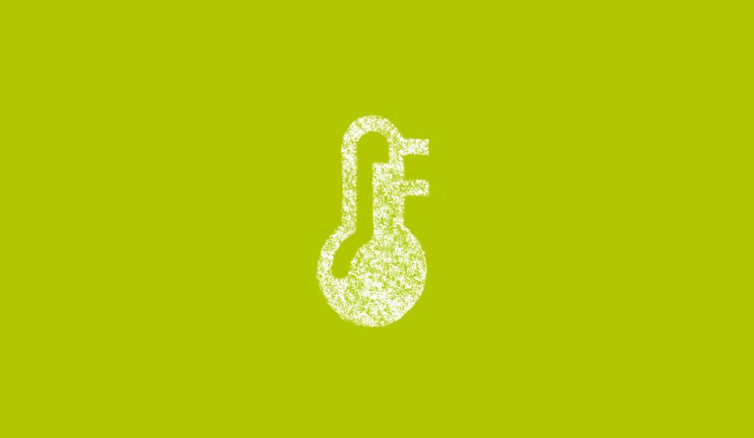 Gelbgrüner Hintergrund mit einem weißen Icon eines Thermometers