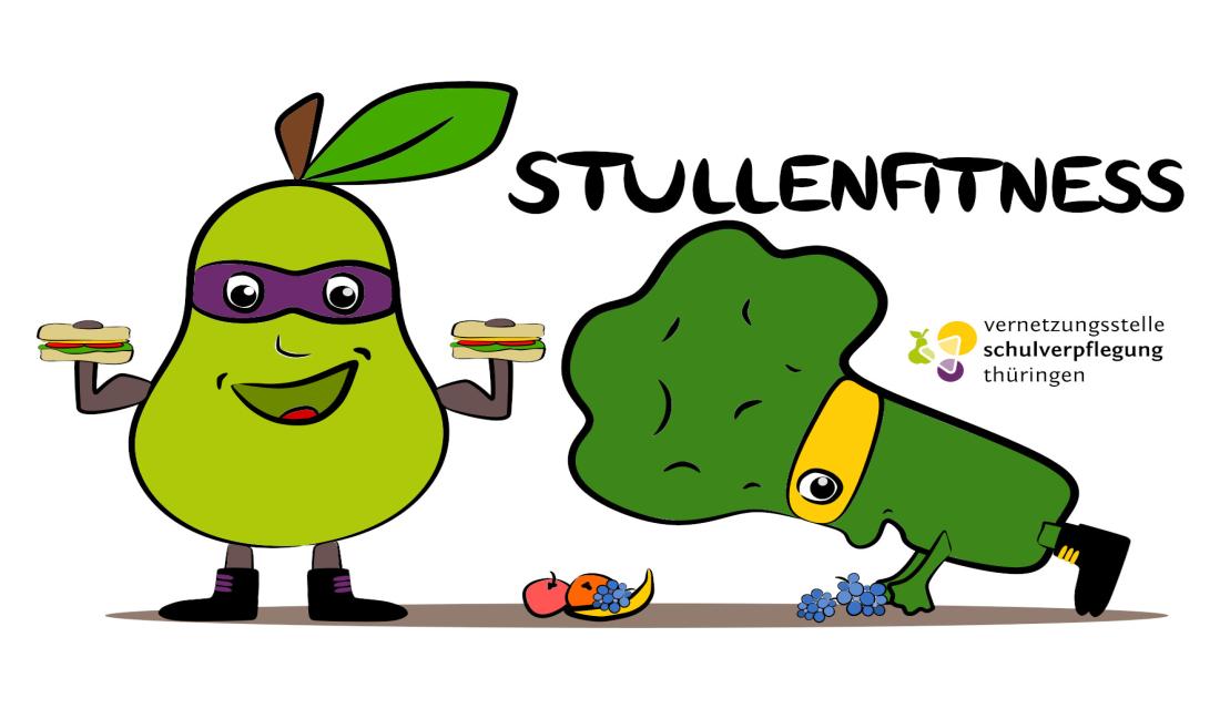 gezeichnetes Bild von Frieda Birne und Karl Broccoli beim Sport