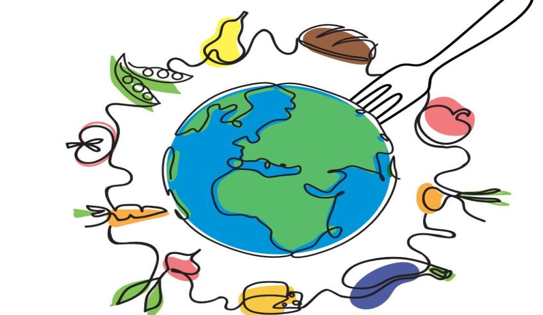 gezeichnete Erdkugel mit Lebensmitteln und Gabel