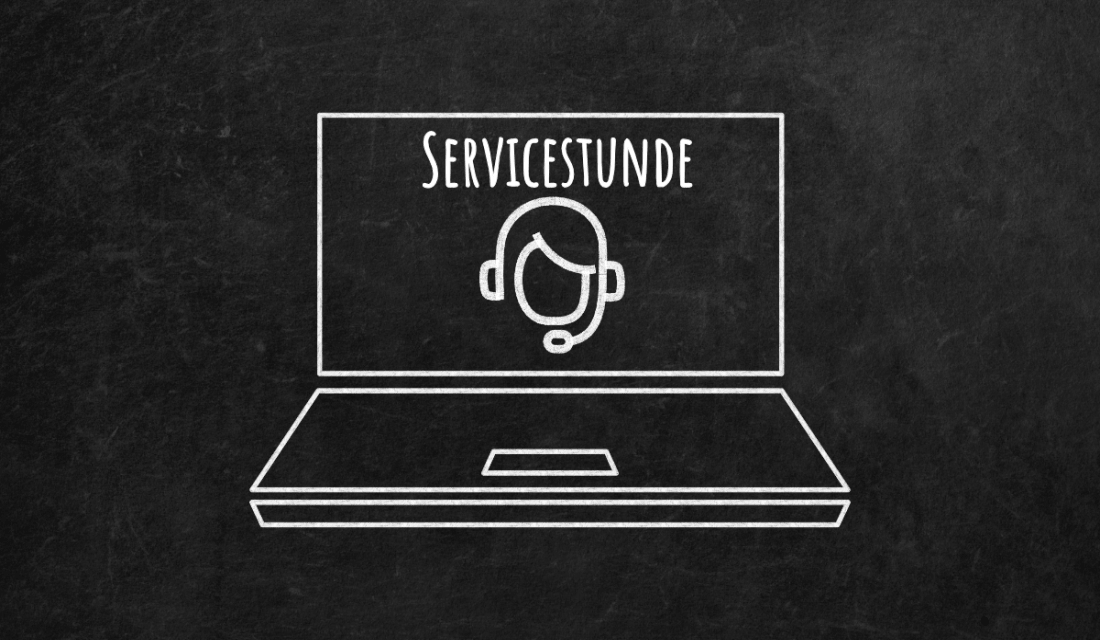 Schwarze Tafel mit einem Kreisebild von einem Laptop und einem Kopf mit Headset