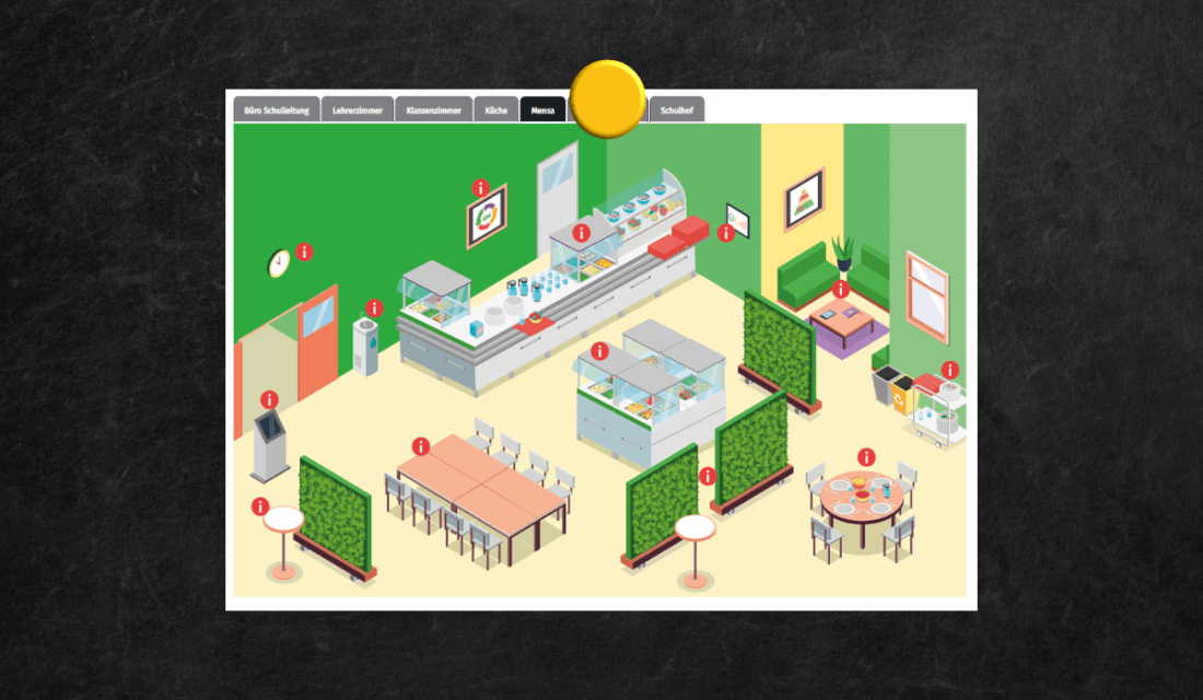 Schwarze Tafel an der mit einem gelben, runden Magneten ein Bilder einer Mensa angebracht ist.