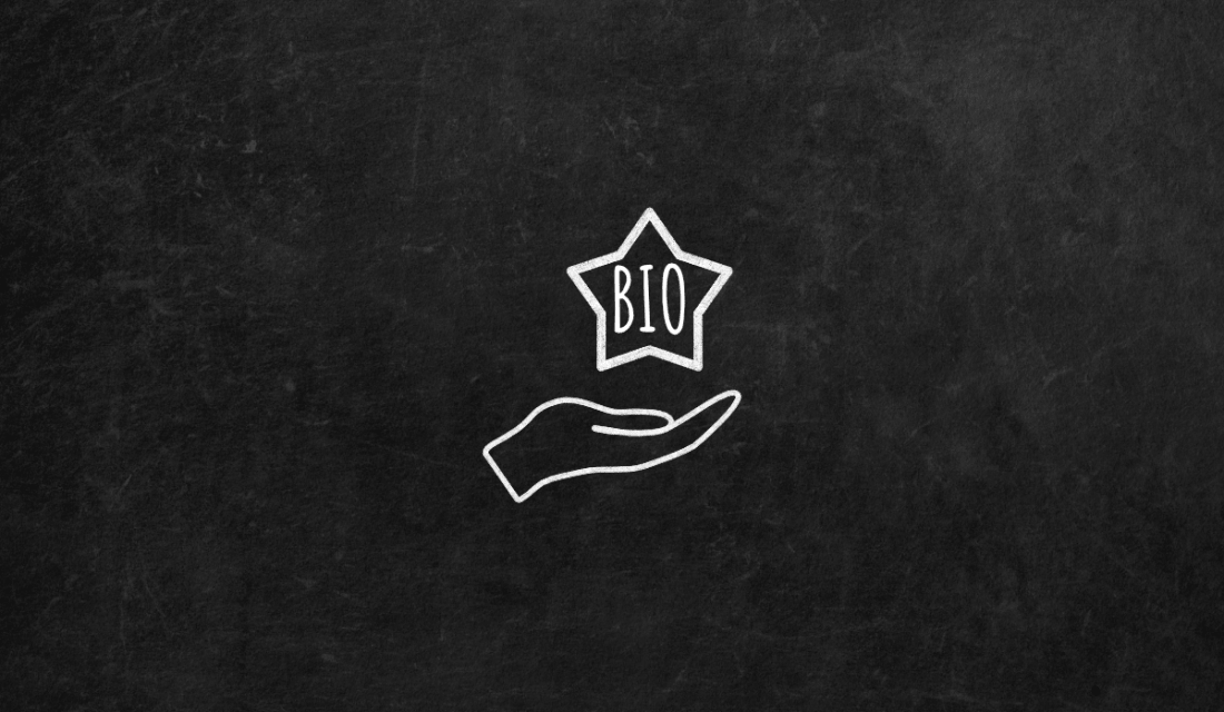 Schwarze Tafel mit weißer Kreidezeichnung: Hand, die einen Bio-Stern hält