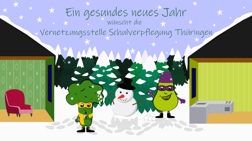 Frieda und Karl im Schnee mit Schneemann, Schneeballschlacht und Plätzchen.