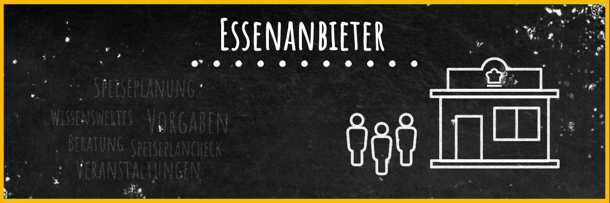 Tafel mit Schriftzug Caterer sowie Kreidezeichnung eines Hauses mit Küche und Personen 