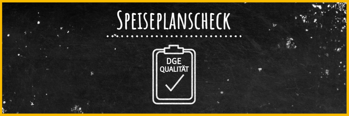 Tafel mit Schriftzug Speiseplancheck und Kreidebild eines Klemmbrettes mit Häkchen