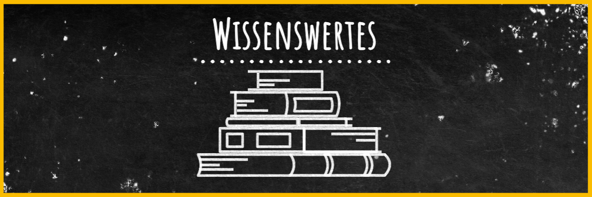 Tafel mit Schriftzug Wissenswertes und Kreidebild eines Bücherstapels