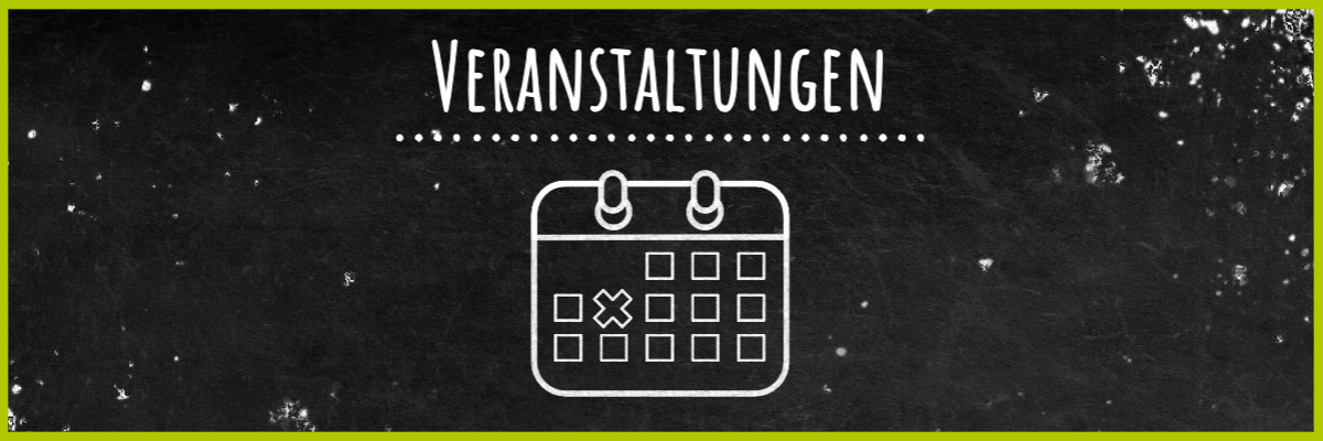 Tafel mit Schriftzug Veranstaltungen und Kreidebild eines Kalenders