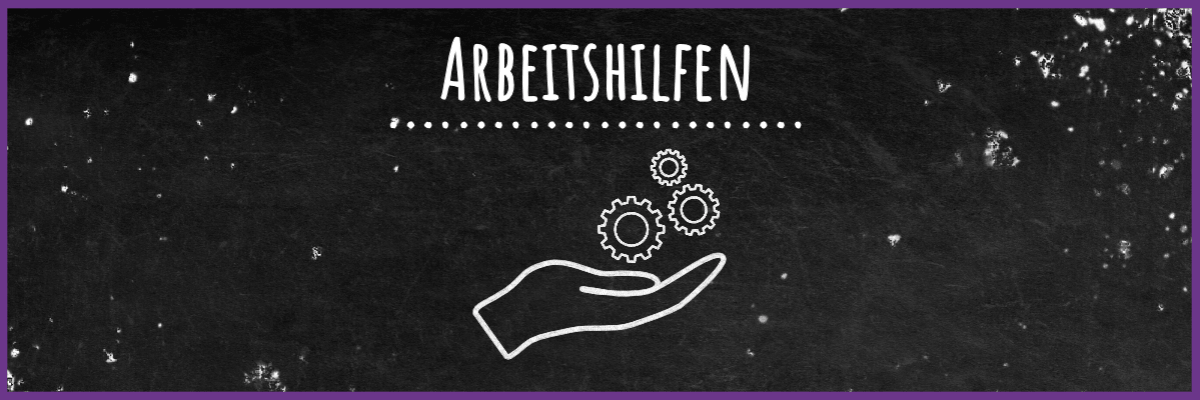 Tafel mit Schriftzug Arbeitshilfen sowie Kreidezeichnung einer Hand mit Zahnrädern